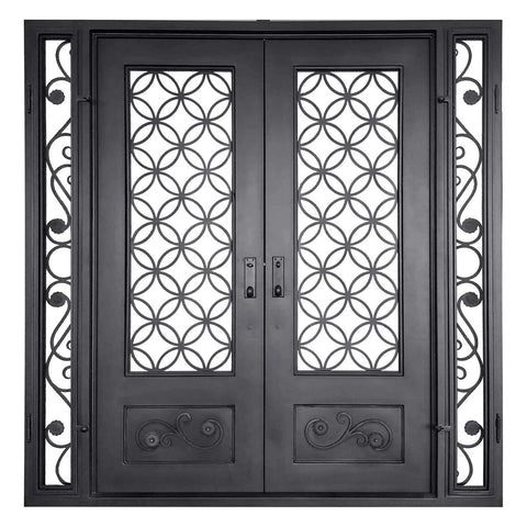 GID Luxury Iron Front Door With Exquisite Scrollwork Two Sidelights